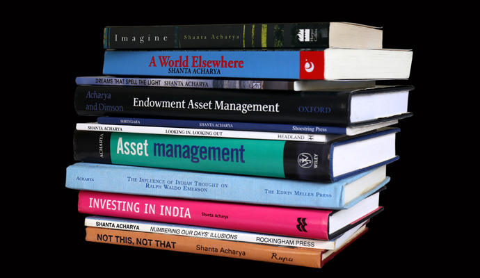 Image of all Shanta Acharya's books in a stack